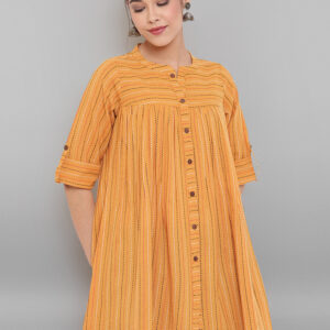 Mustard Cotton Striped Pleated Top